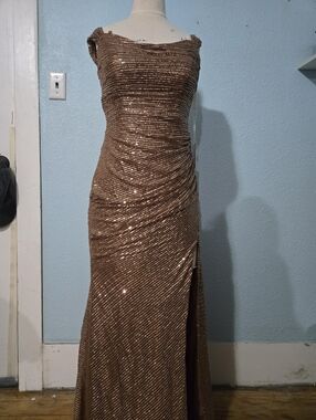 Off-Shoulder Sequin Evening Gown in Bronze